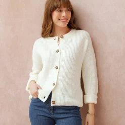 Trui En Vest<Blancheporte Cardigan in patenttricot met knoopsluiting en lange mouwen ecru