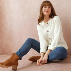 Trui En Vest<Blancheporte Cardigan in patenttricot met knoopsluiting en lange mouwen ecru
