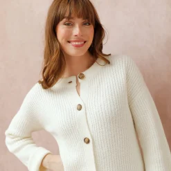 Trui En Vest<Blancheporte Cardigan in patenttricot met knoopsluiting en lange mouwen ecru