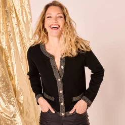 Feestoutfits Dames|Trui En Vest<Blancheporte Cardigan met goudkleurige knopen, glanzende details zwart