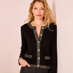 Feestoutfits Dames|Trui En Vest<Blancheporte Cardigan met goudkleurige knopen, glanzende details zwart