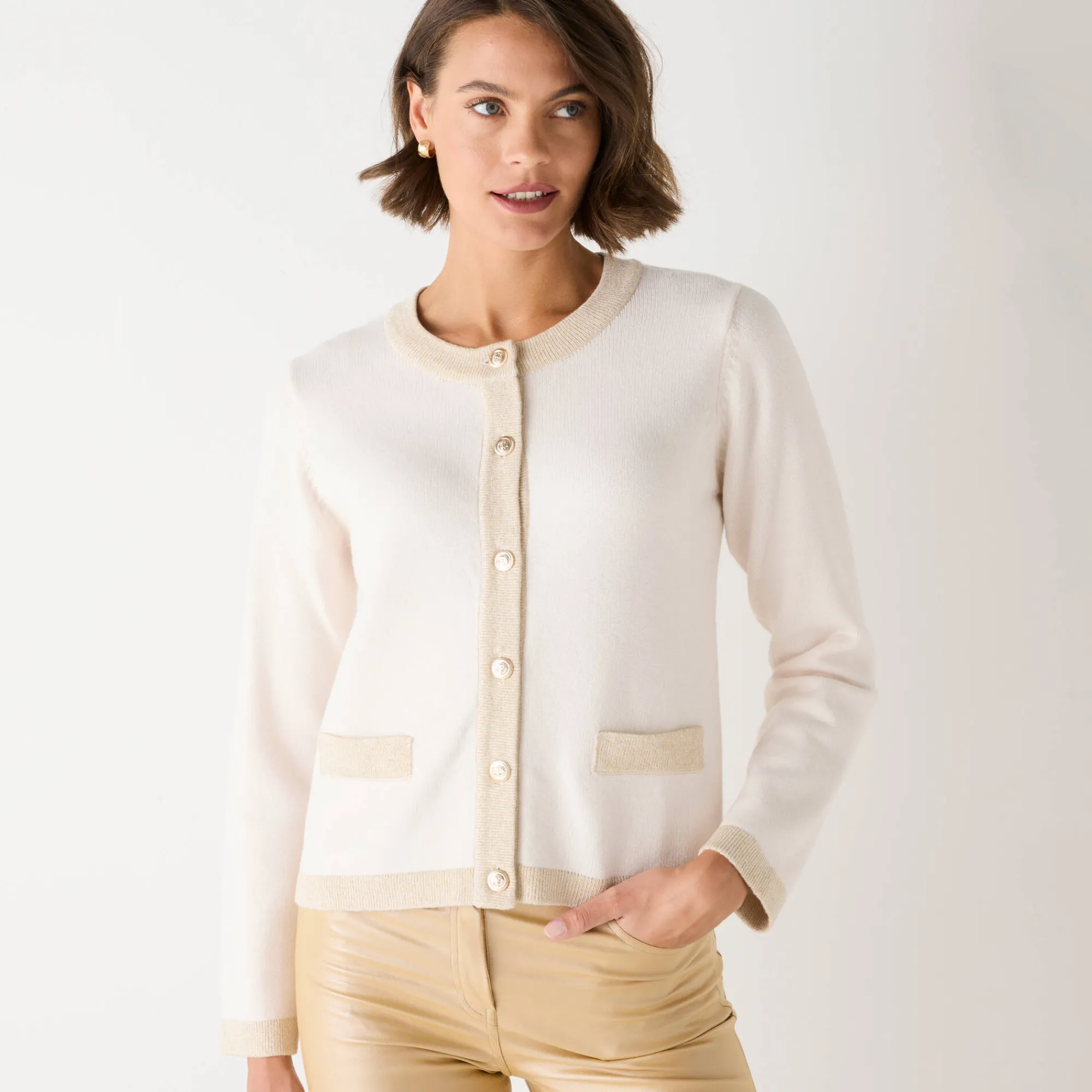 Feestoutfits Dames|Trui En Vest<Blancheporte Cardigan met goudkleurige knopen, glanzende details ecru