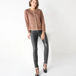 Feestoutfits Dames|Trui En Vest<Blancheporte Cardigan met goudkleurige knopen, glanzende details hazelnootbruin