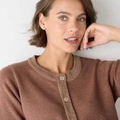 Feestoutfits Dames|Trui En Vest<Blancheporte Cardigan met goudkleurige knopen, glanzende details hazelnootbruin