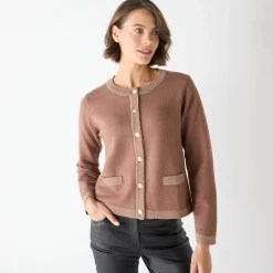 Feestoutfits Dames|Trui En Vest<Blancheporte Cardigan met goudkleurige knopen, glanzende details hazelnootbruin