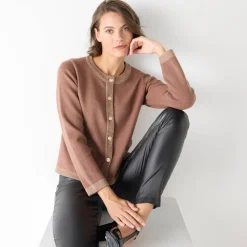 Feestoutfits Dames|Trui En Vest<Blancheporte Cardigan met goudkleurige knopen, glanzende details hazelnootbruin