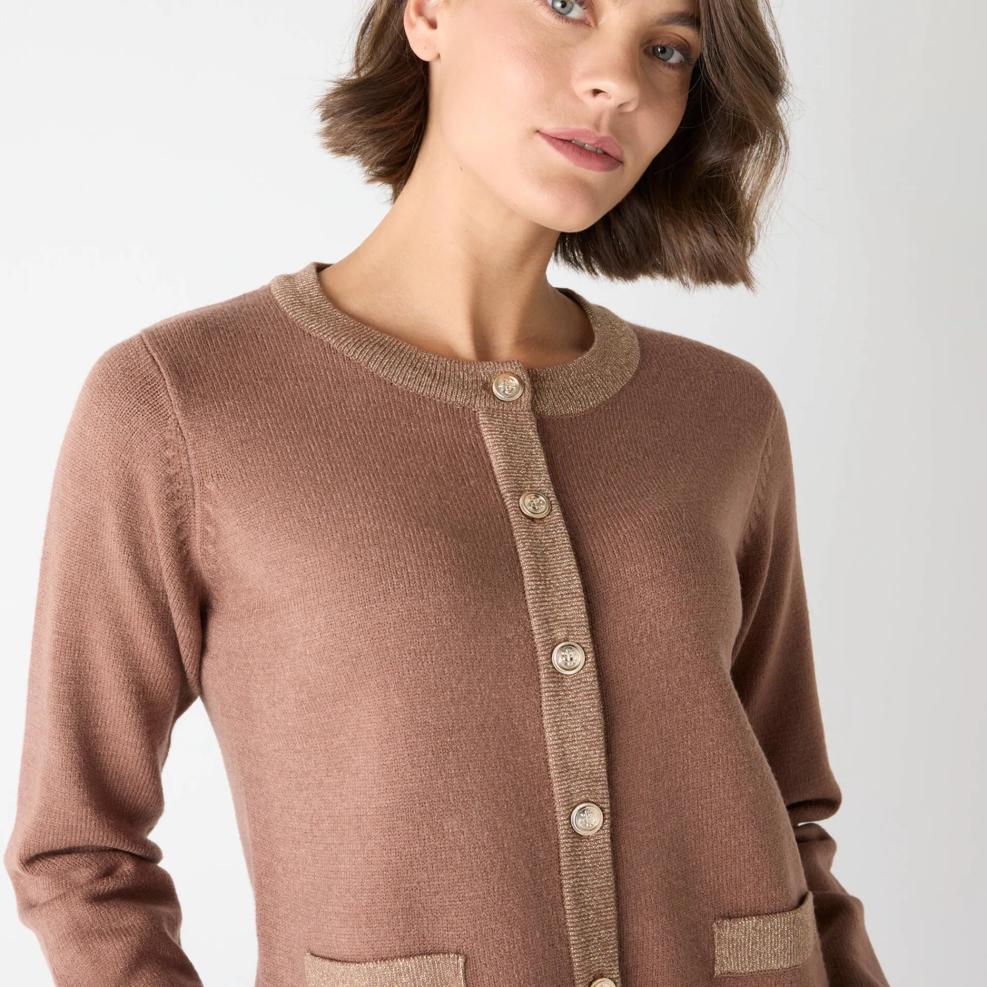 Feestoutfits Dames|Trui En Vest<Blancheporte Cardigan met goudkleurige knopen, glanzende details hazelnootbruin