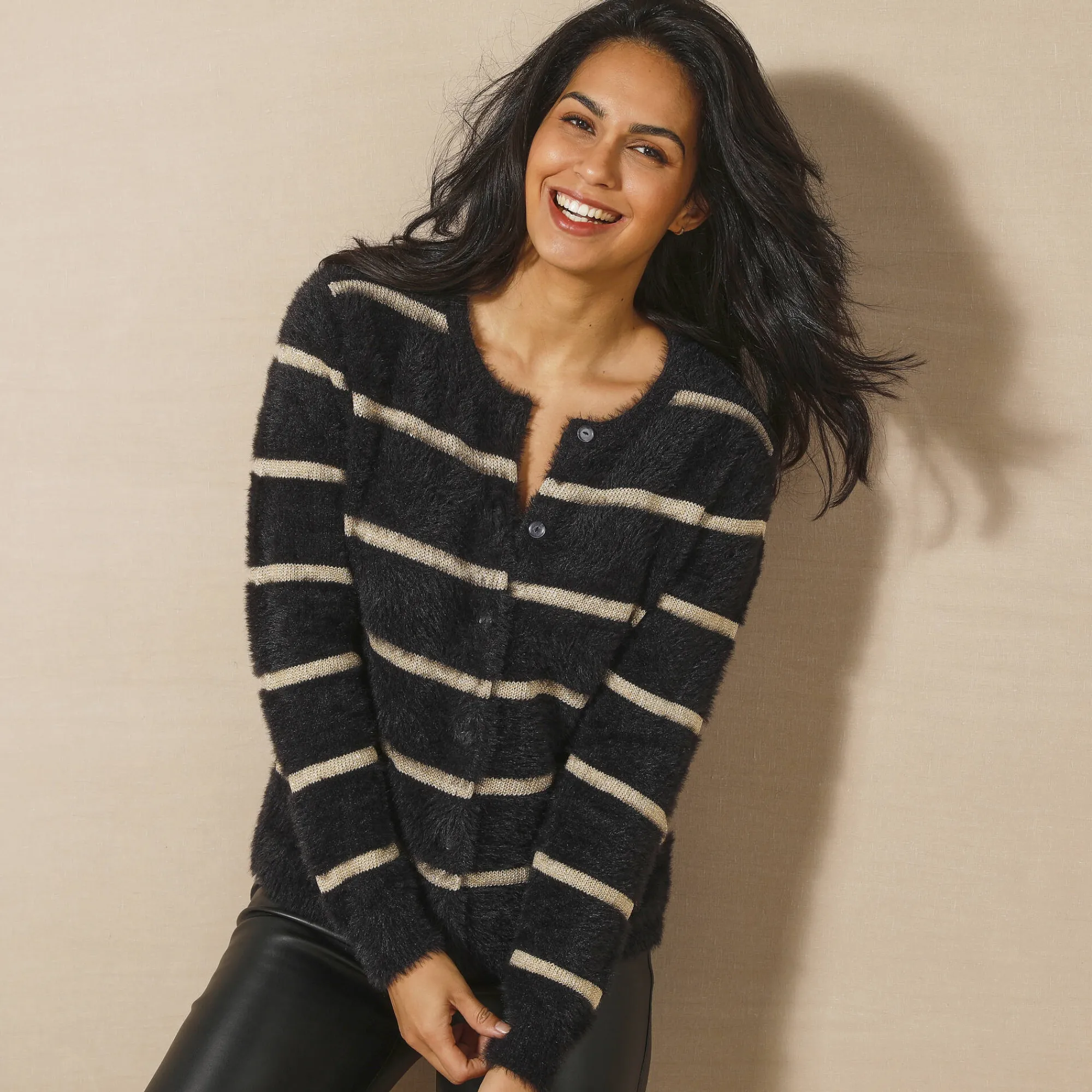Feestoutfits Dames|Trui En Vest<Blancheporte Cardigan met goudkleurige strepen, harig tricot zwart / goudkleurig