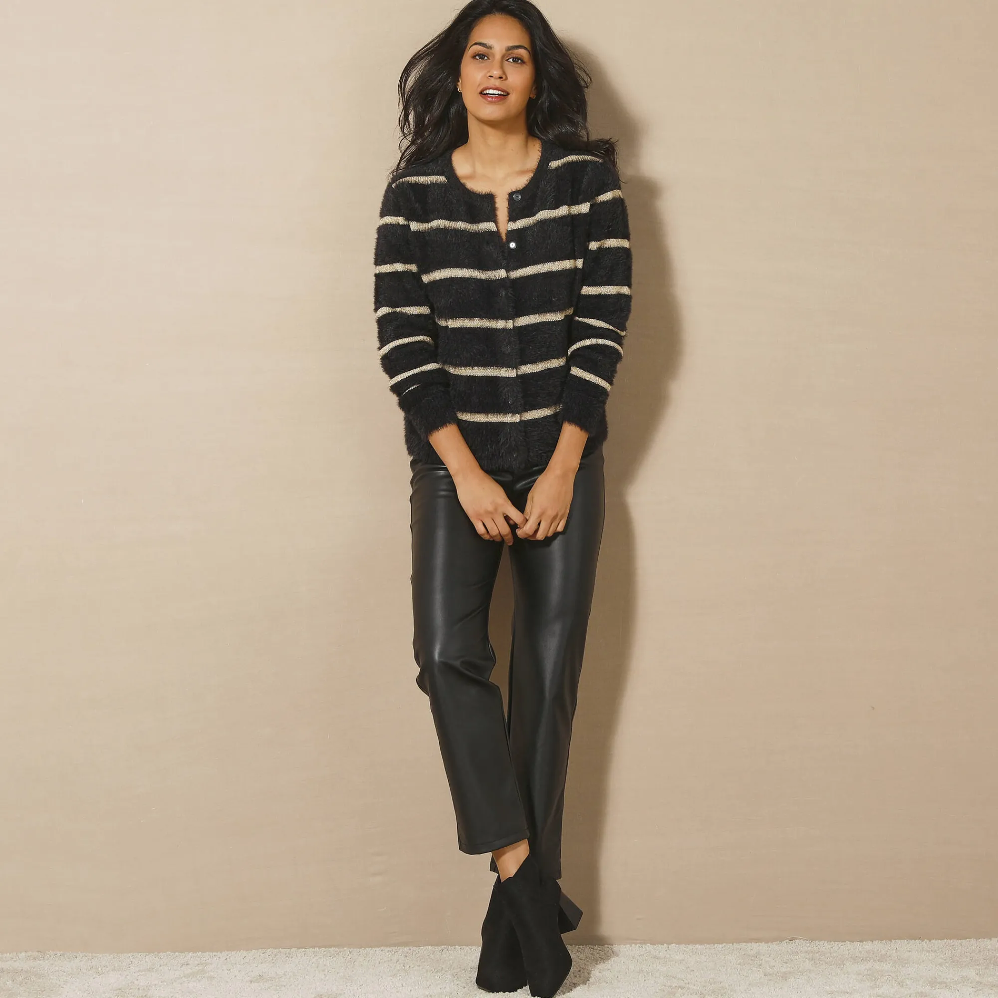 Feestoutfits Dames|Trui En Vest<Blancheporte Cardigan met goudkleurige strepen, harig tricot zwart / goudkleurig