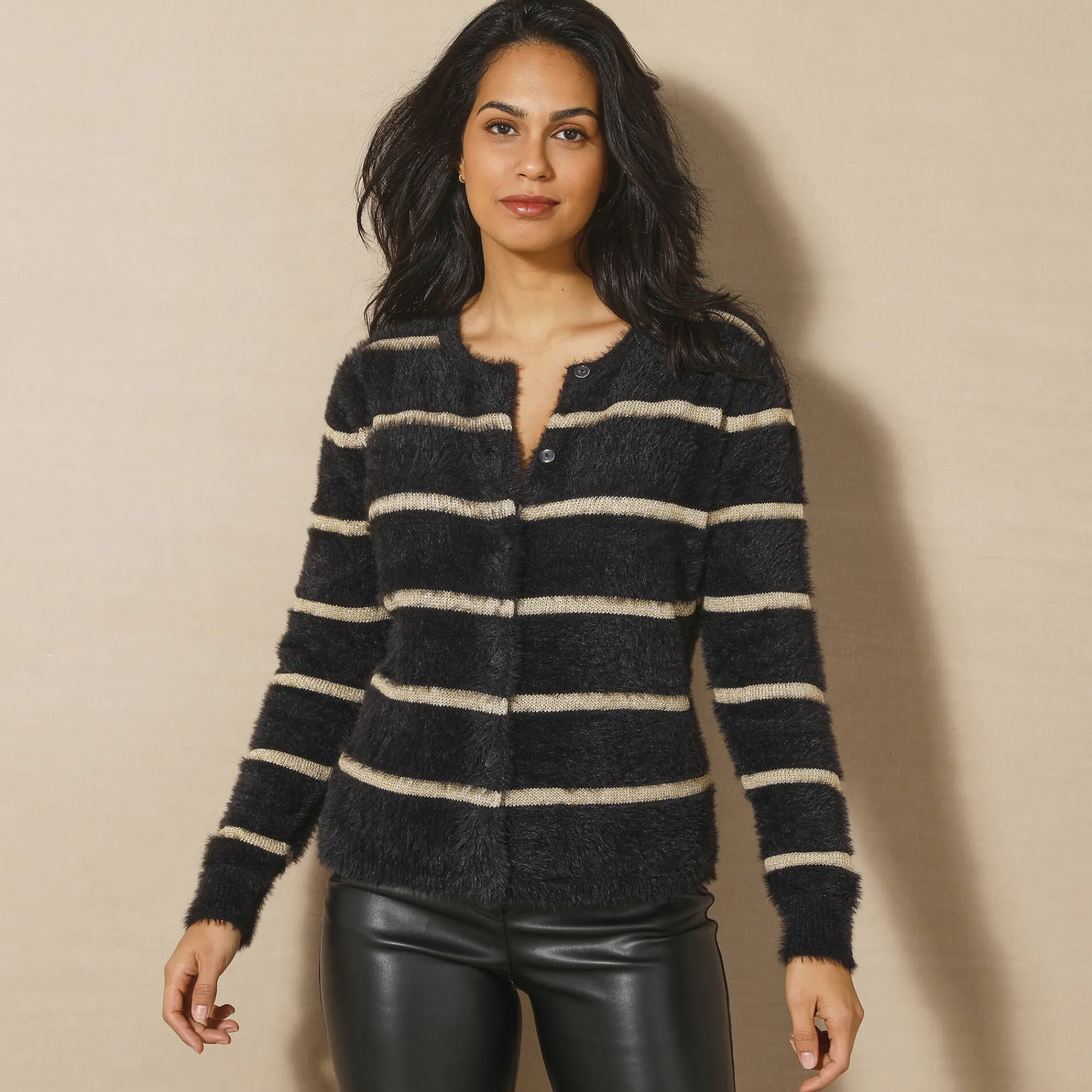 Feestoutfits Dames|Trui En Vest<Blancheporte Cardigan met goudkleurige strepen, harig tricot zwart / goudkleurig