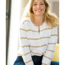Trui En Vest<Blancheporte Cardigan met goudkleurige strepen, harig tricot gebroken wit / goudkleurig