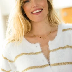 Trui En Vest<Blancheporte Cardigan met goudkleurige strepen, harig tricot gebroken wit / goudkleurig