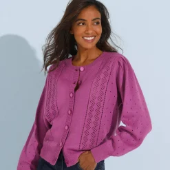 Trui En Vest<Blancheporte Cardigan met knoopsluiting, ajourtricot violine