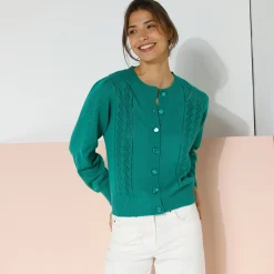 Trui En Vest<Blancheporte Cardigan met knoopsluiting, ajourtricot groen