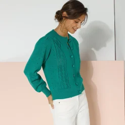 Trui En Vest<Blancheporte Cardigan met knoopsluiting, ajourtricot groen