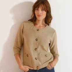 Trui En Vest<Blancheporte Cardigan met knoopsluiting en zakken, mouwen op ellebooglengte vlaskleur