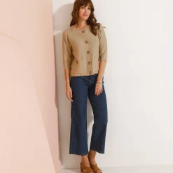 Trui En Vest<Blancheporte Cardigan met knoopsluiting en zakken, mouwen op ellebooglengte vlaskleur