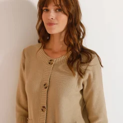 Trui En Vest<Blancheporte Cardigan met knoopsluiting en zakken, mouwen op ellebooglengte vlaskleur