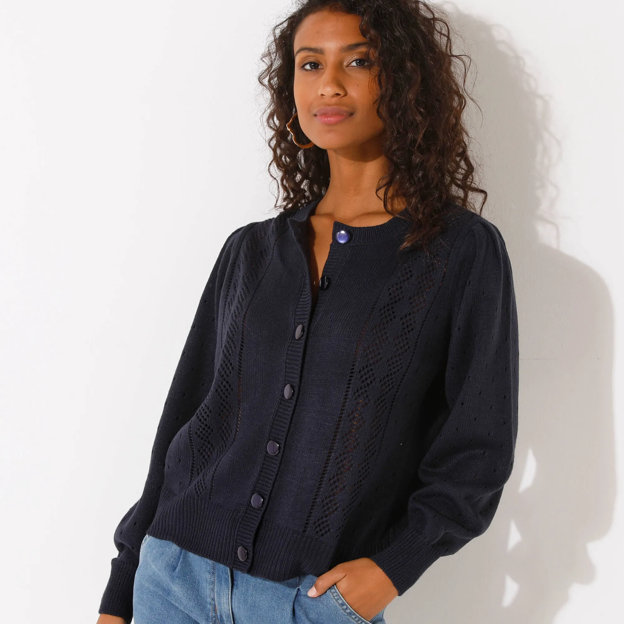 Trui En Vest<Blancheporte Cardigan met knoopsluiting, ajourtricot marine