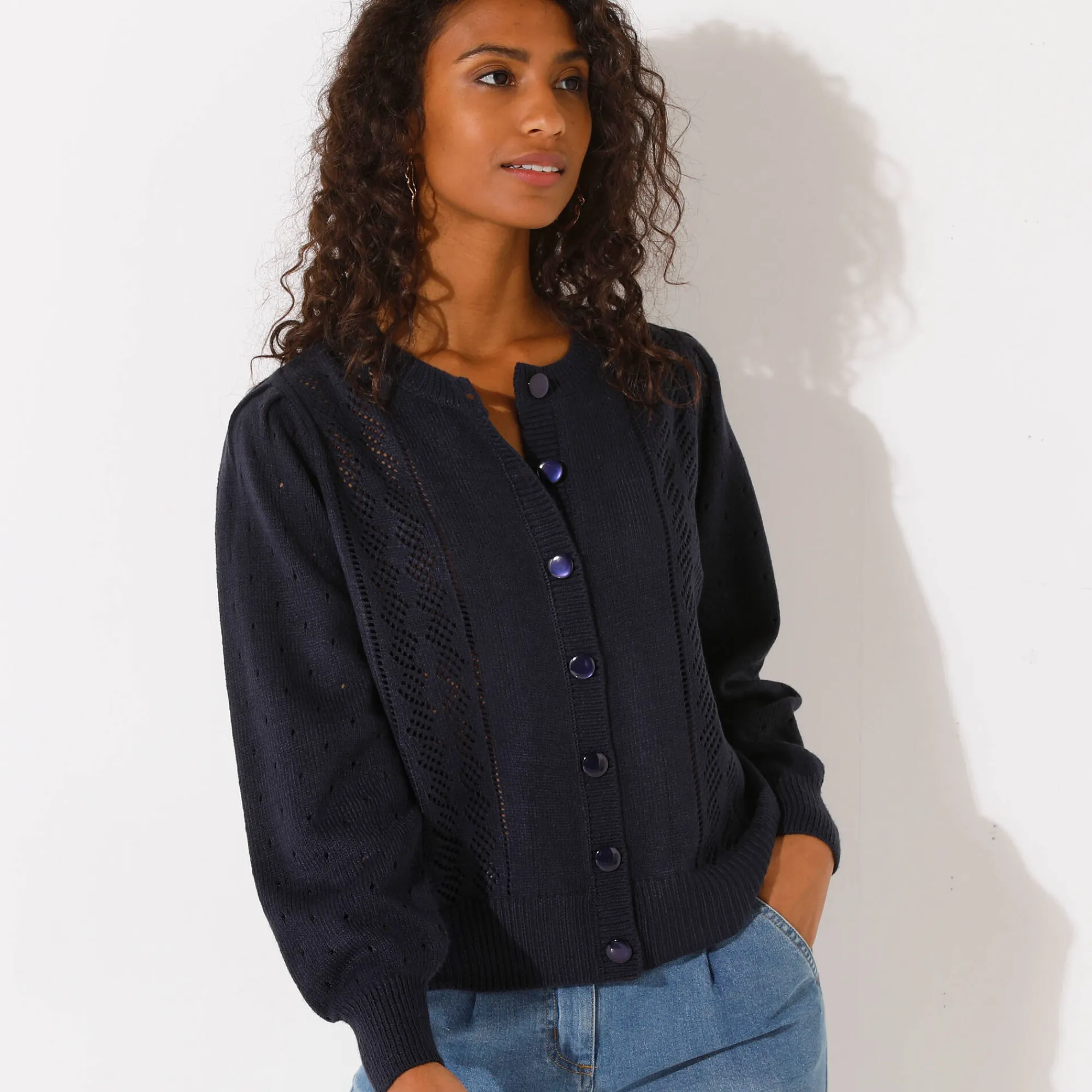 Trui En Vest<Blancheporte Cardigan met knoopsluiting, ajourtricot marine