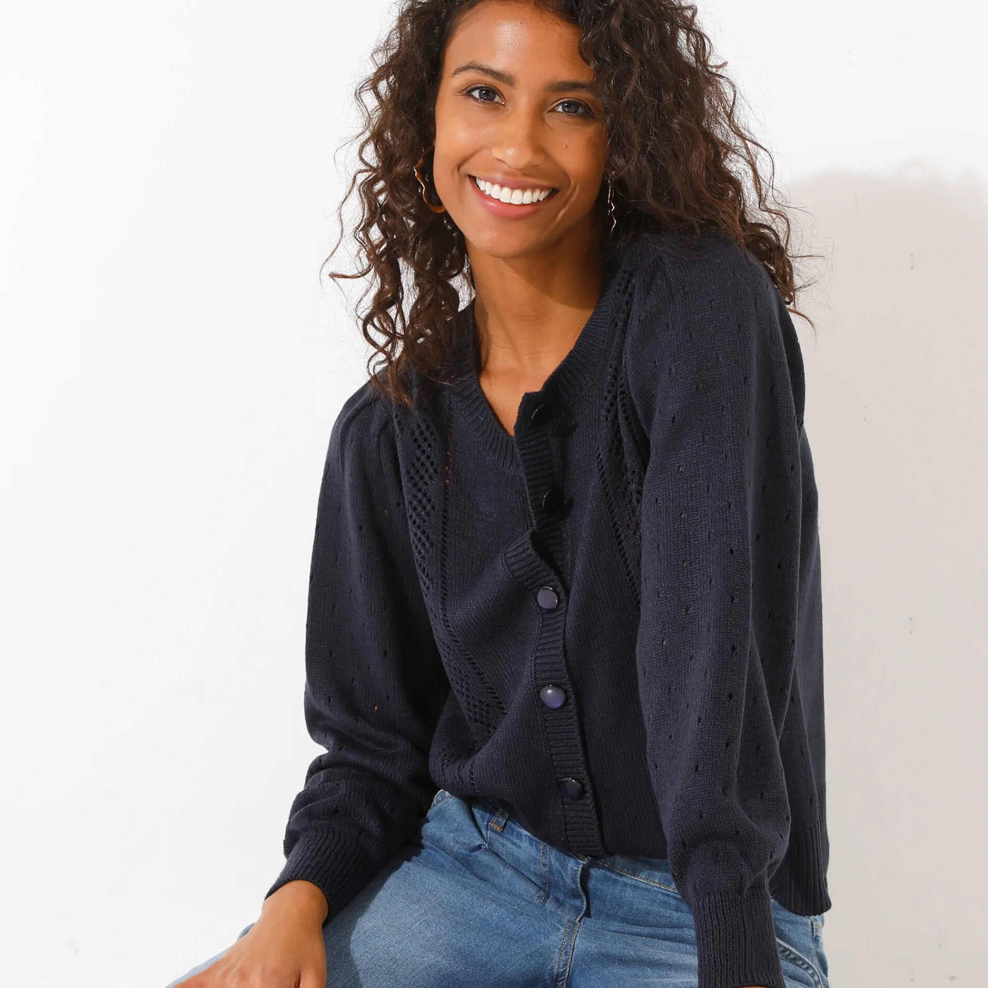 Trui En Vest<Blancheporte Cardigan met knoopsluiting, ajourtricot marine