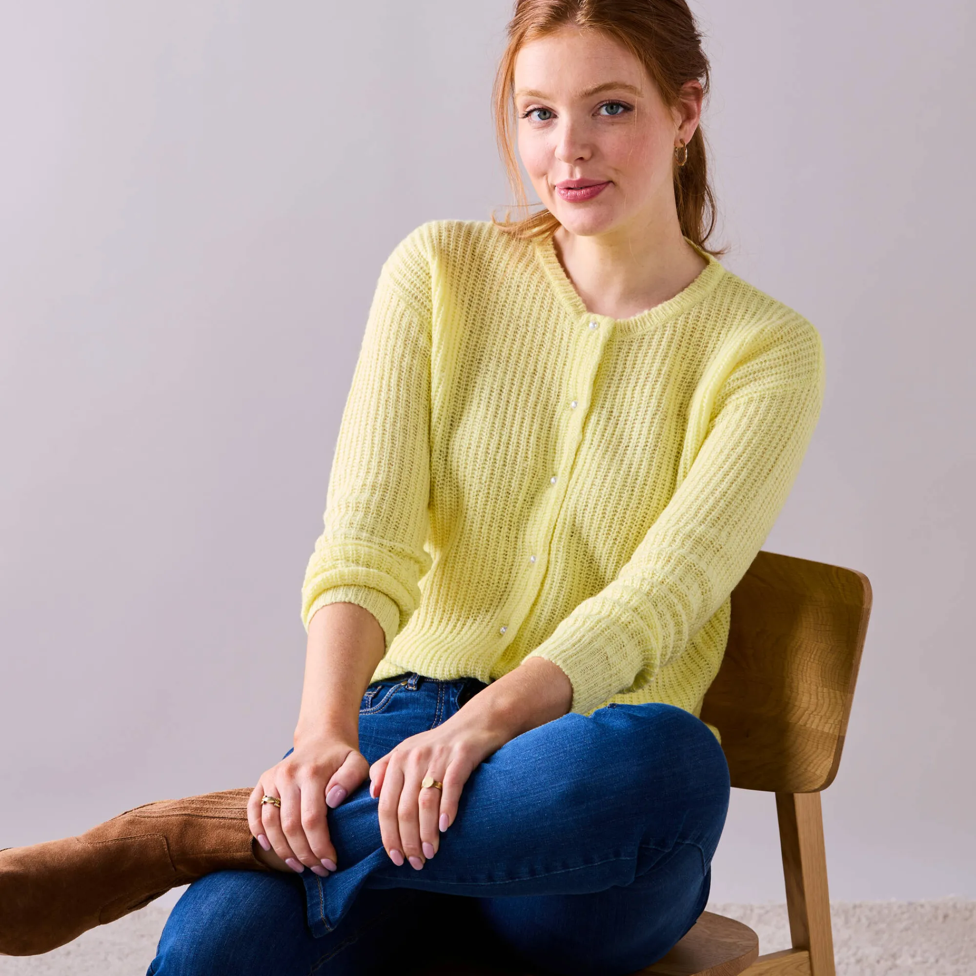 Trui En Vest<Blancheporte Cardigan met parelknopen en mohairtouch lichtgeel