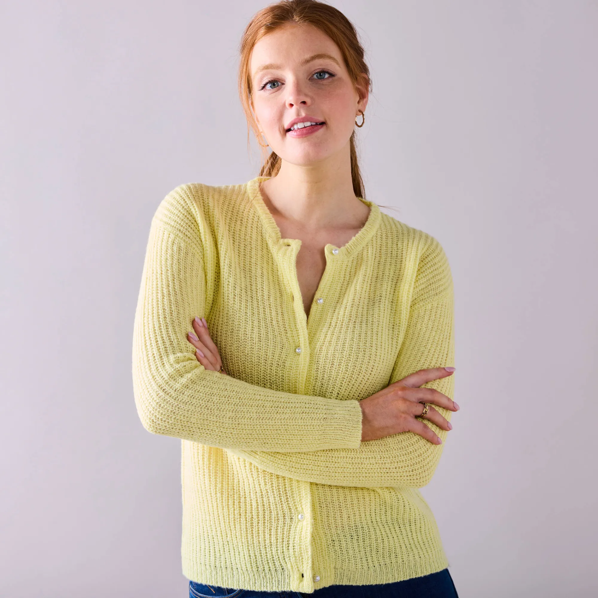Trui En Vest<Blancheporte Cardigan met parelknopen en mohairtouch lichtgeel