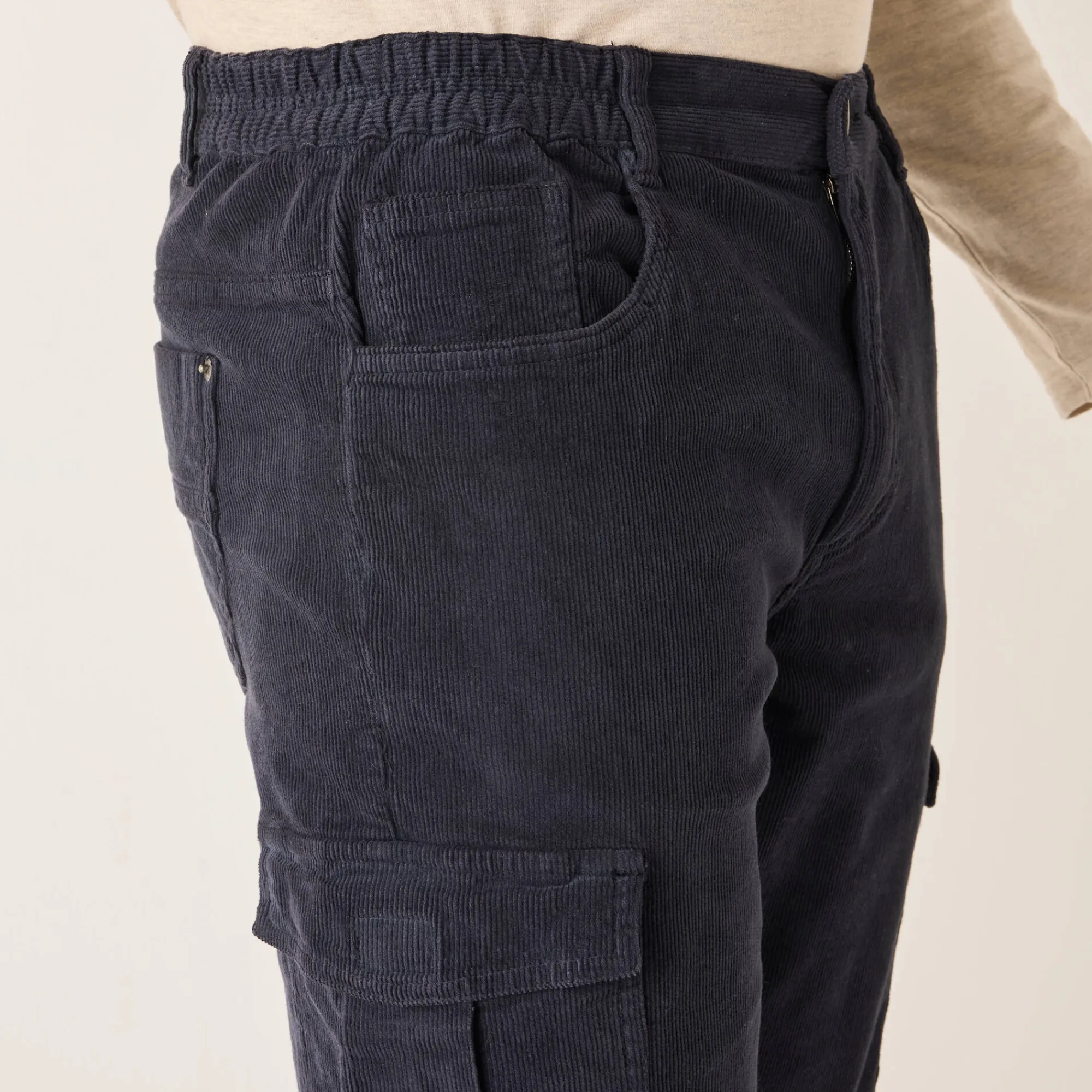 Broek<Blancheporte Cargobroek in fijngeribd velours, elastische tailleband opzij grijsblauw