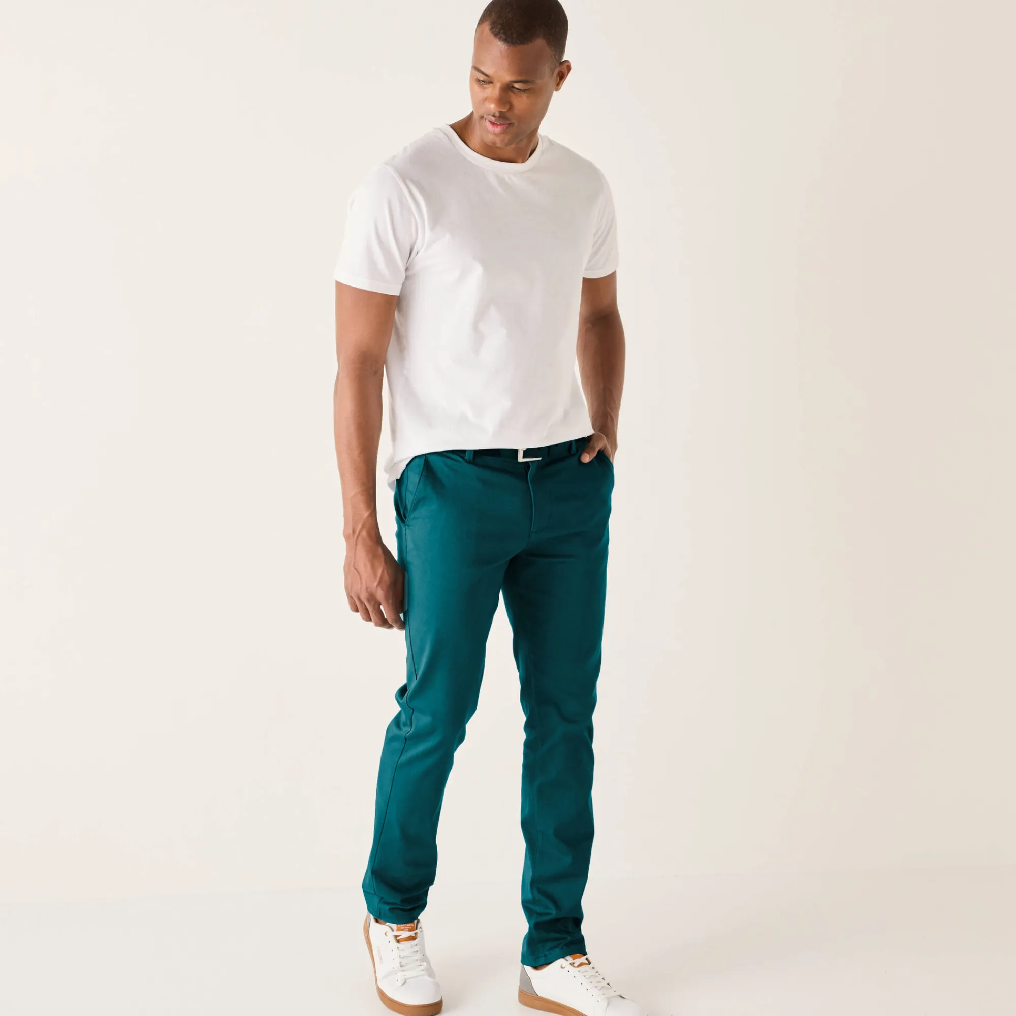 Broek<Blancheporte Chino broek met elastische tailleband opzij petroleumblauw