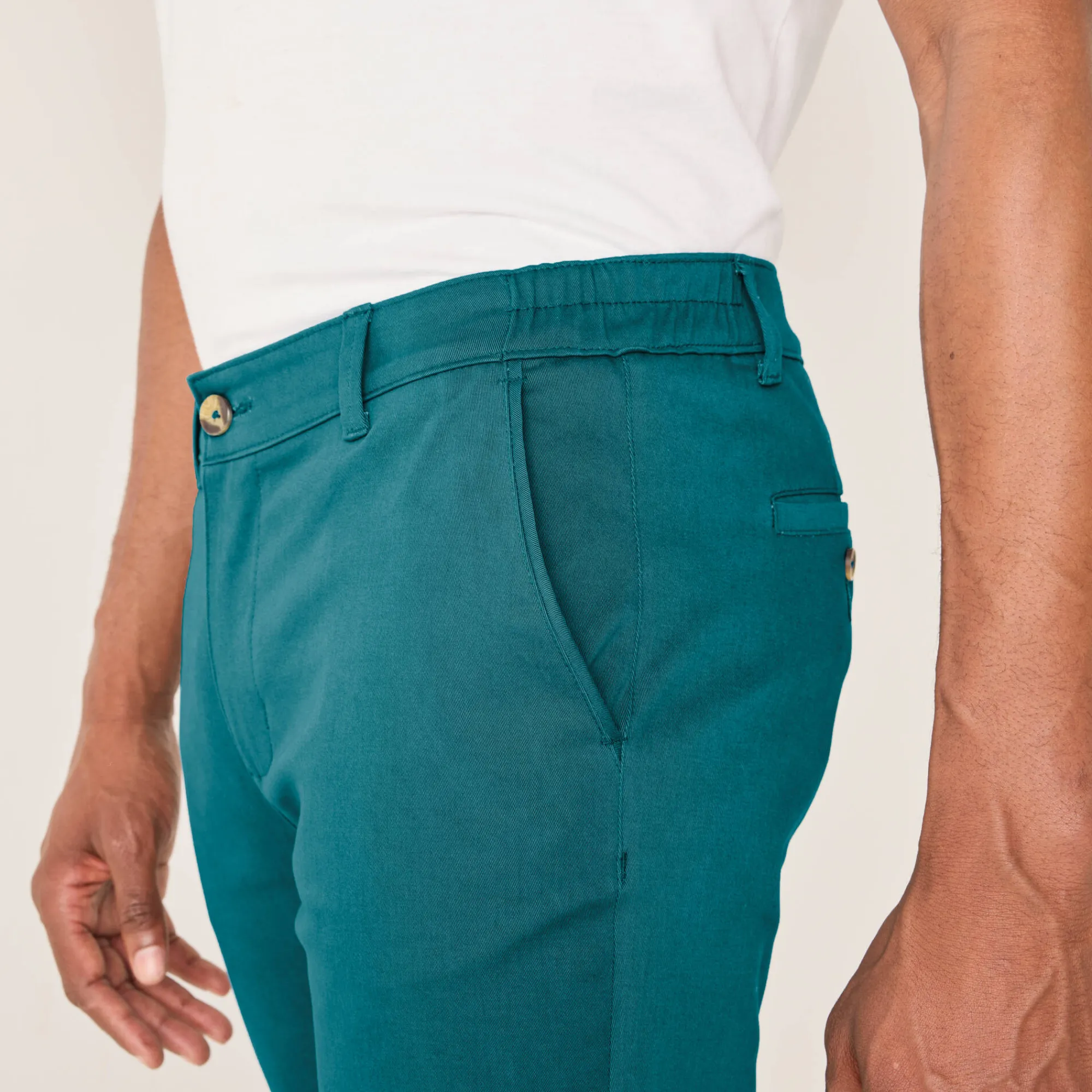 Broek<Blancheporte Chino broek met elastische tailleband opzij petroleumblauw