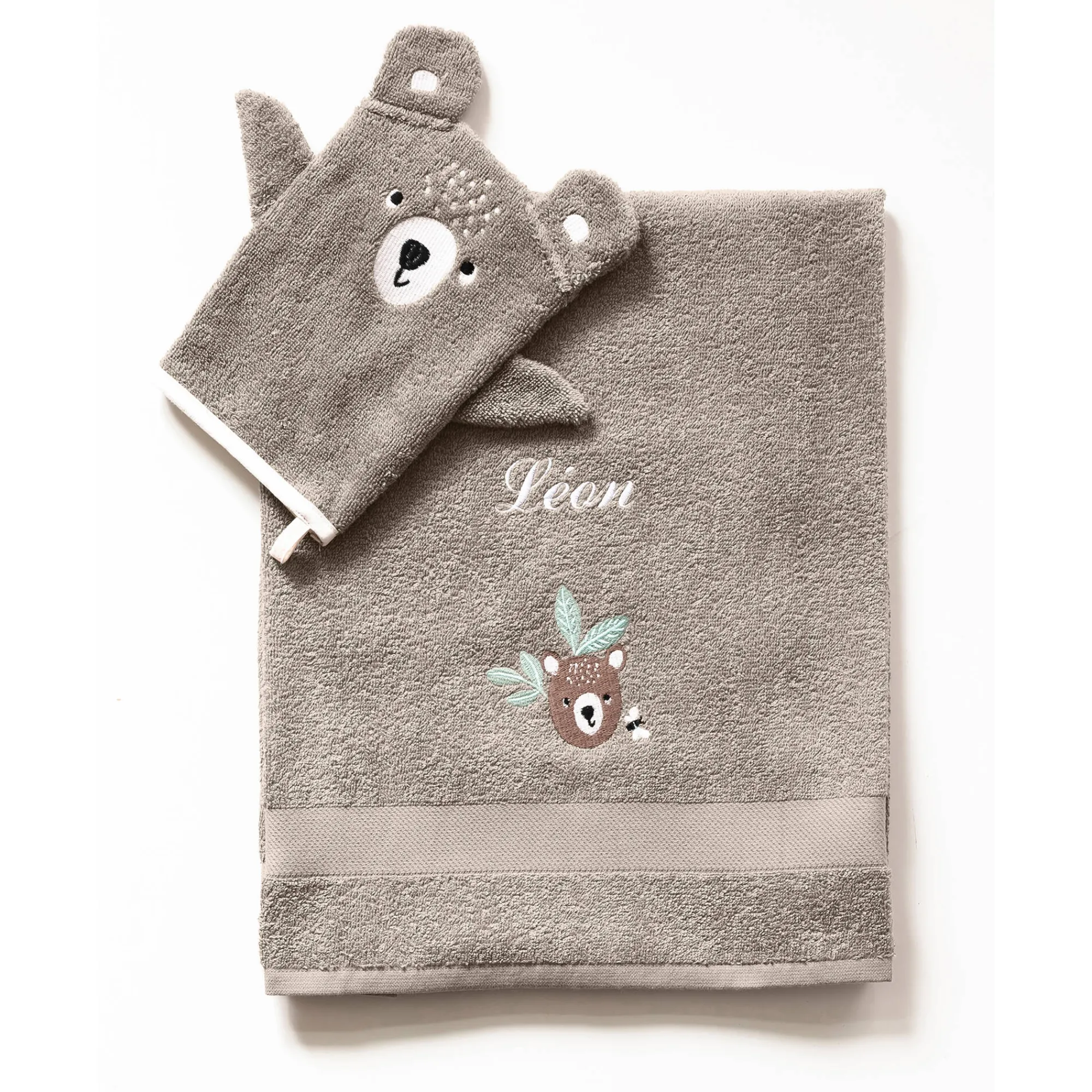 Badhanddoek|Handdoek En Badlaken Kids<Colombine des petits Collectie in badstof voor kids met beertjesbordursel, gepersonaliseerd taupe