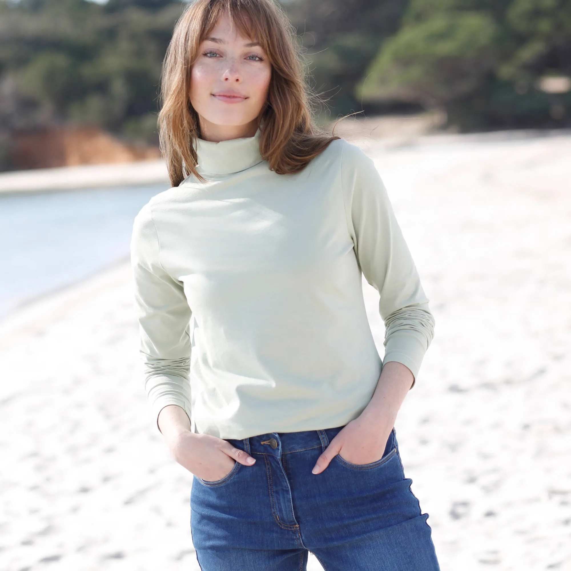 T-Shirt En Topje|Trui En Vest<Blancheporte Coltrui in effen stretchkatoen celadongrijs