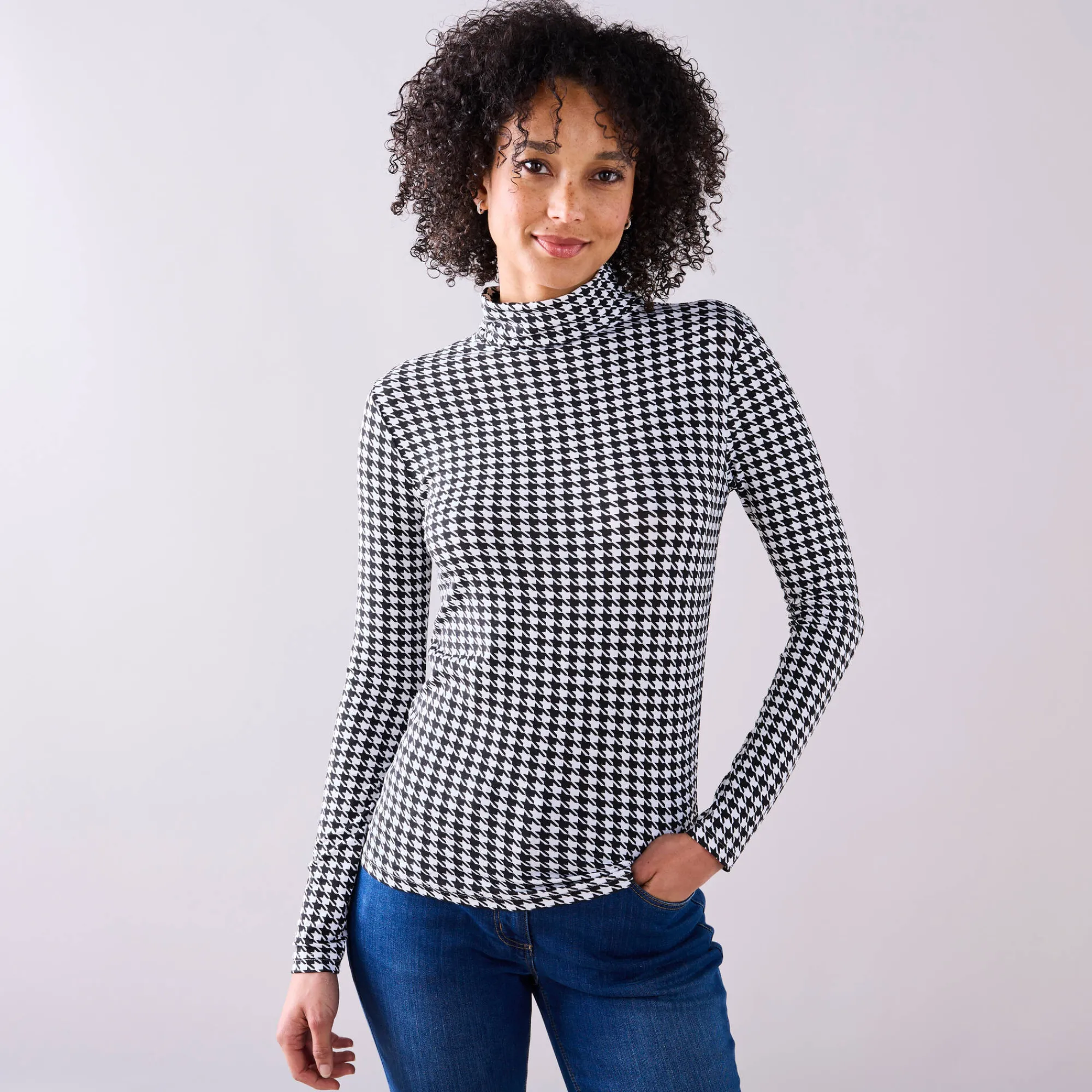 T-Shirt En Topje|Trui En Vest<Blancheporte Coltrui met opstaande kraag en pied-de-poule print, stretch zwart / wit