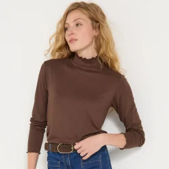 T-Shirt En Topje|Trui En Vest<Blancheporte Coltrui, opstaand kraagje met krulrandje, effen chocolade