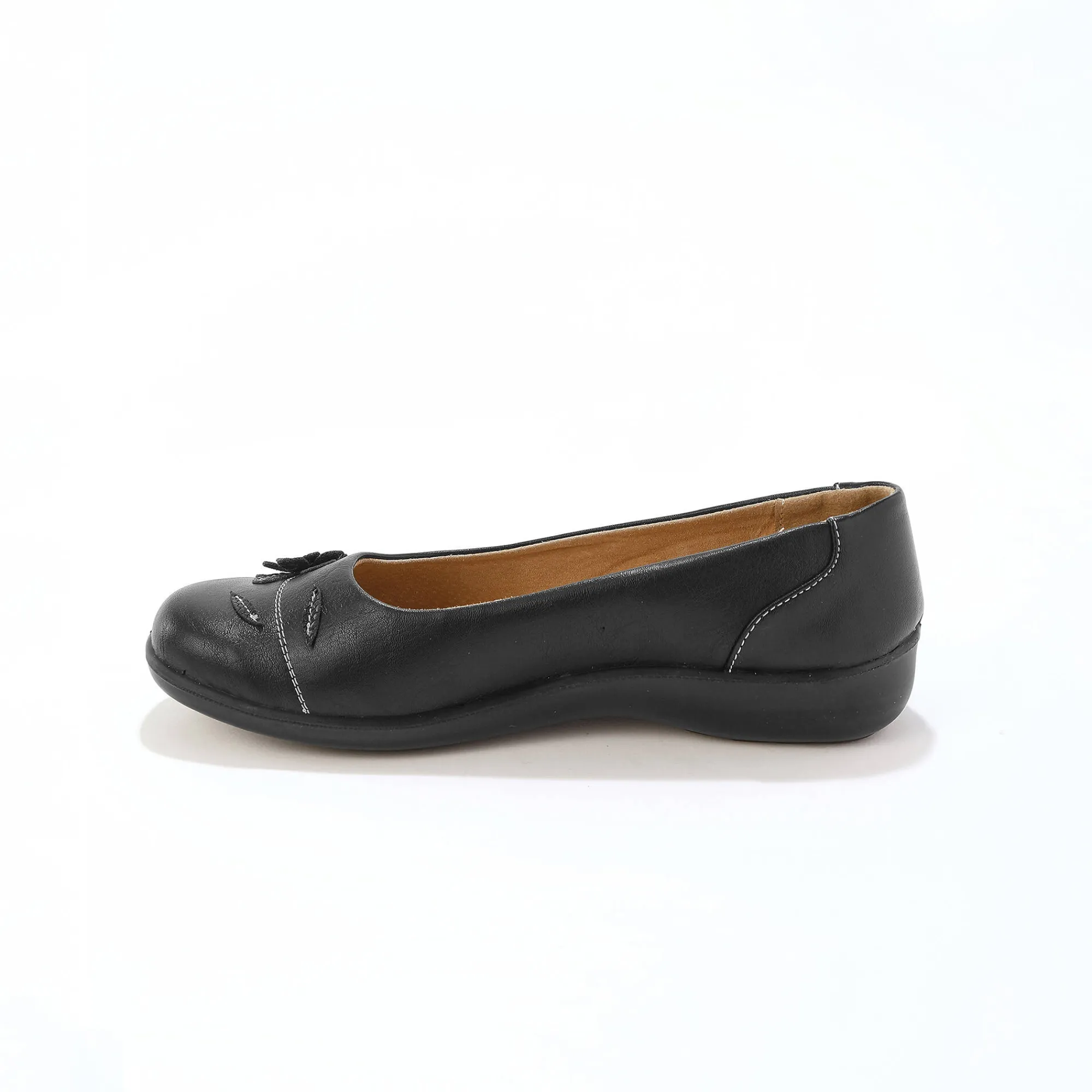 Ballerina's|Schoenen<Blancheporte Comfortabele brede leren ballerina's met bloemapplicatie zwart