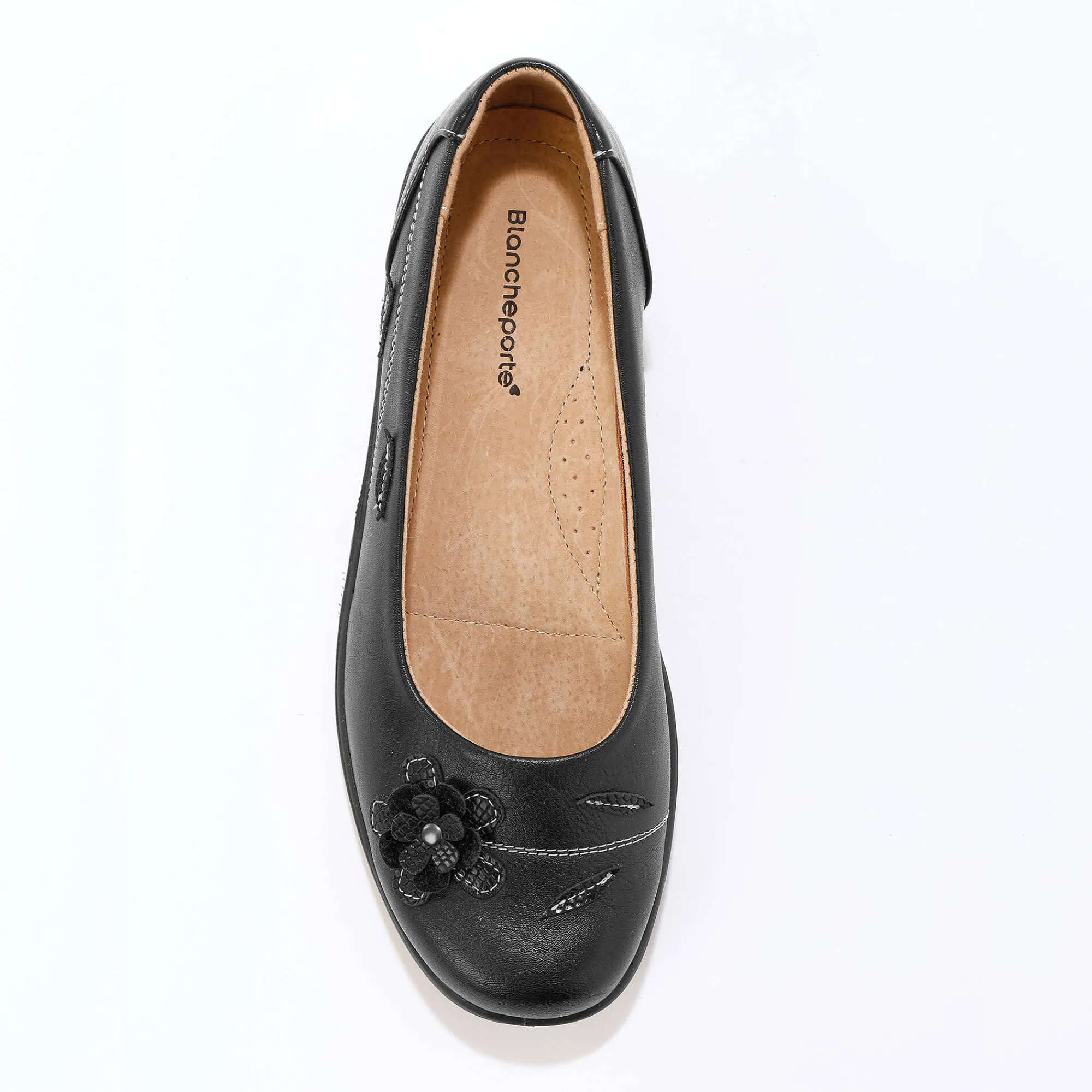Ballerina's|Schoenen<Blancheporte Comfortabele brede leren ballerina's met bloemapplicatie zwart
