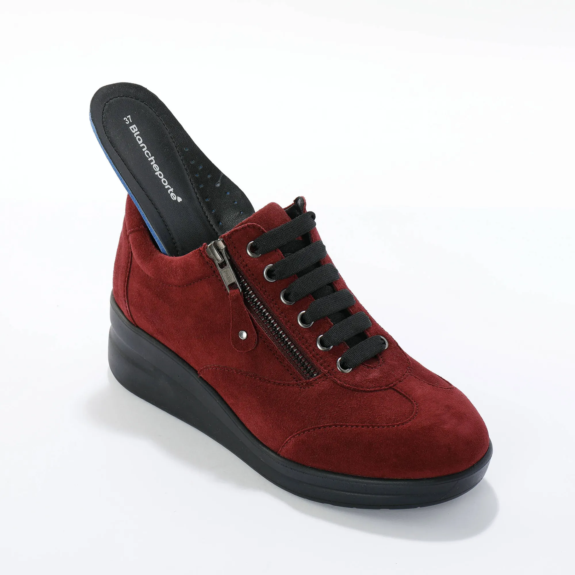 Baskets En Sneakers|Schoenen<Blancheporte Comfortabele leren sneakers met sleehak, LWG gecertificeerd bordeaux
