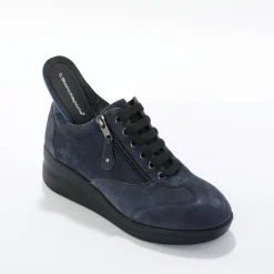 Baskets En Sneakers|Schoenen<Blancheporte Comfortabele leren sneakers met sleehak, LWG gecertificeerd grijsblauw
