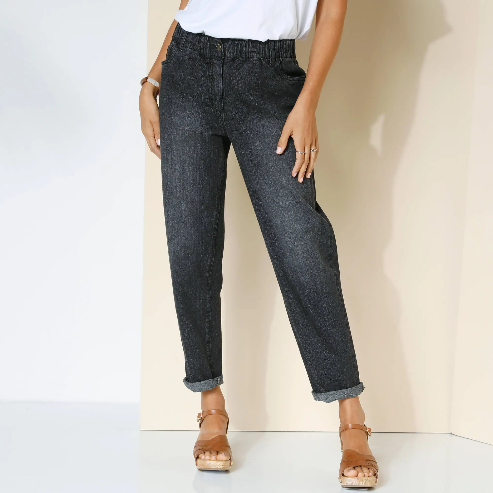 Jeans<Blancheporte Comfortabele stretchjeans in 'mom' model, elastische taille zwart