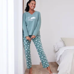 Pyjama<Blancheporte Complete pyjama in fleece met lange mouwen, wolkenprint kaki