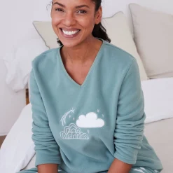 Pyjama<Blancheporte Complete pyjama in fleece met lange mouwen, wolkenprint kaki
