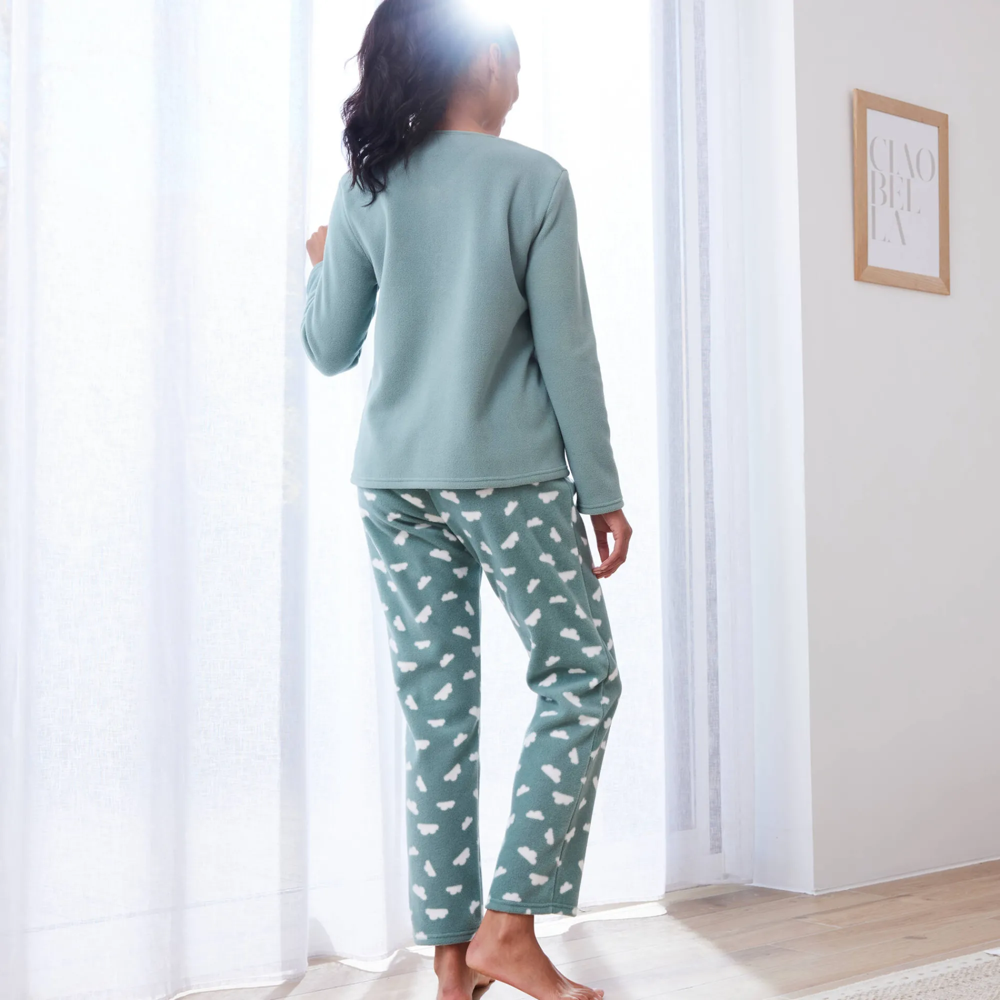 Pyjama<Blancheporte Complete pyjama in fleece met lange mouwen, wolkenprint kaki