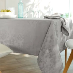Feesttafel|Tafellaken En Tafelloper<Colombine Damast tafellaken met bladerenprint ® parelgrijs