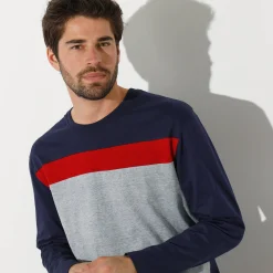 Pyjama En Kamerjas<Blancheporte Driekleurig pyjamashirt met lange mouwen marine / chiné grijs