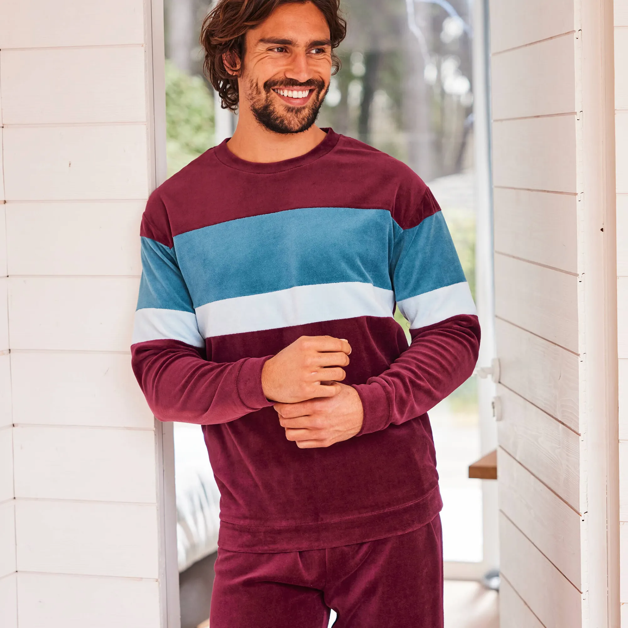 Pyjama En Kamerjas<Blancheporte Driekleurige pyjama in velours, lange mouwen bordeaux