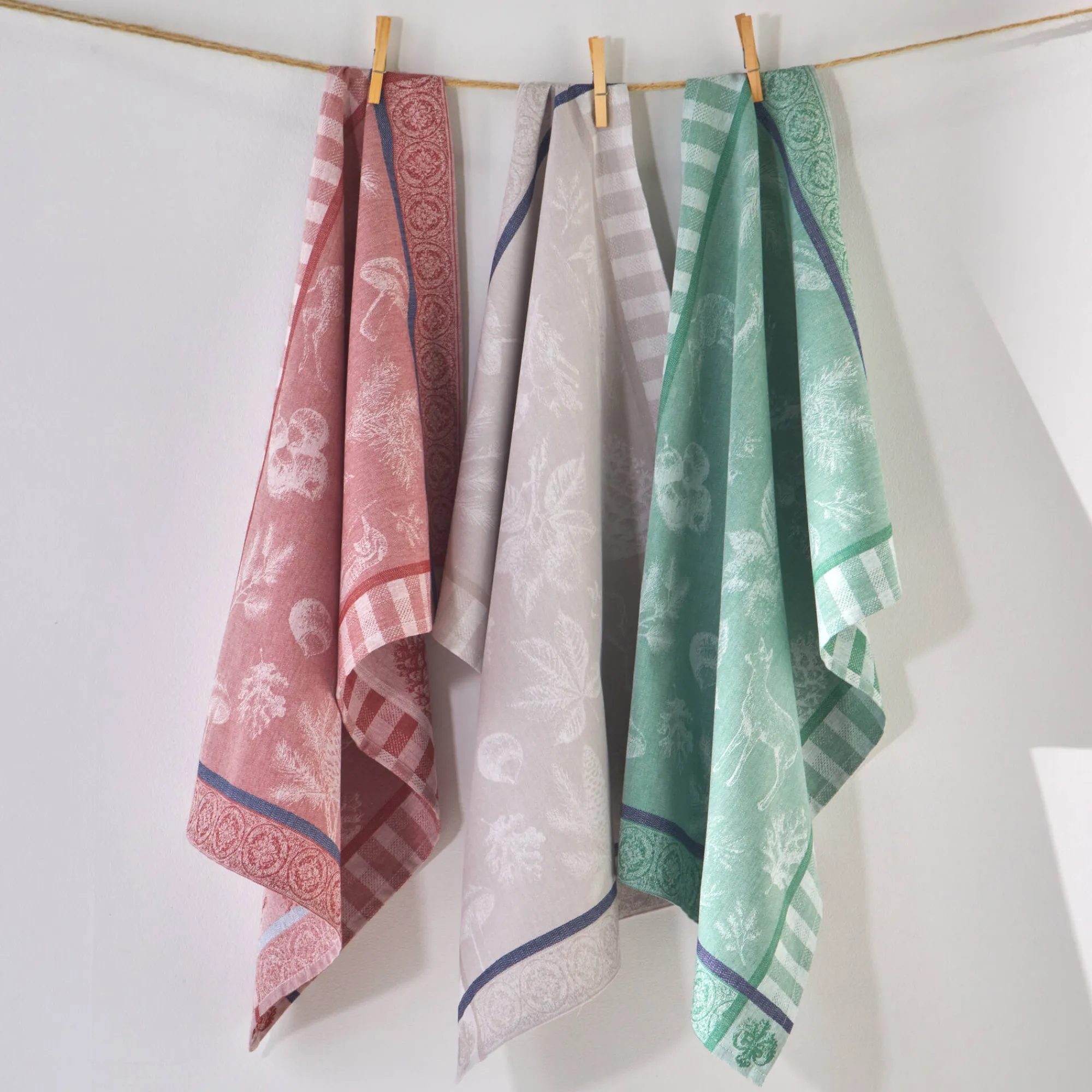 Droogdoek En Handdoek<Blancheporte Droogdoek in jacquardkatoen met bosthema - set van 3 rood + groen + taupe