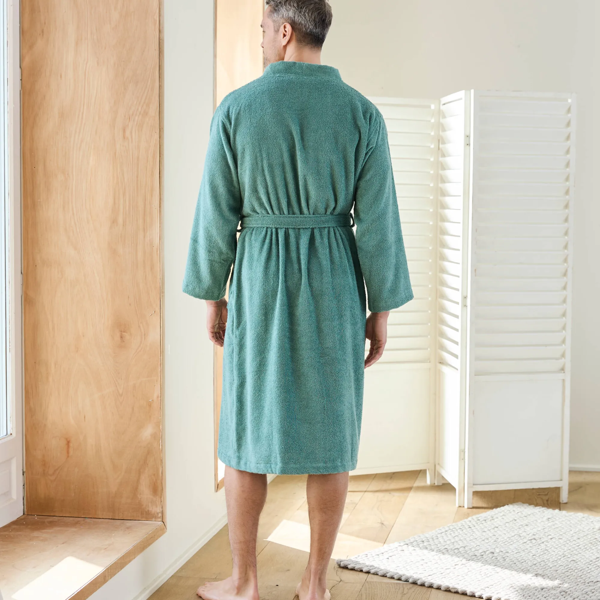 Badjas<Colombine Effen badjas in lusjesbadstof met kimonokraag, volwassenen, gepersonaliseerd eucalyptus