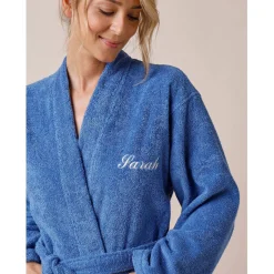 Badjas<Colombine Effen badjas in lusjesbadstof met kimonokraag, volwassenen, gepersonaliseerd felblauw