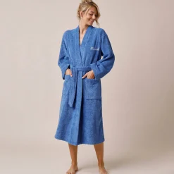 Badjas<Colombine Effen badjas in lusjesbadstof met kimonokraag, volwassenen, gepersonaliseerd felblauw