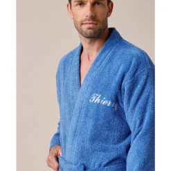 Badjas<Colombine Effen badjas in lusjesbadstof met kimonokraag, volwassenen, gepersonaliseerd felblauw